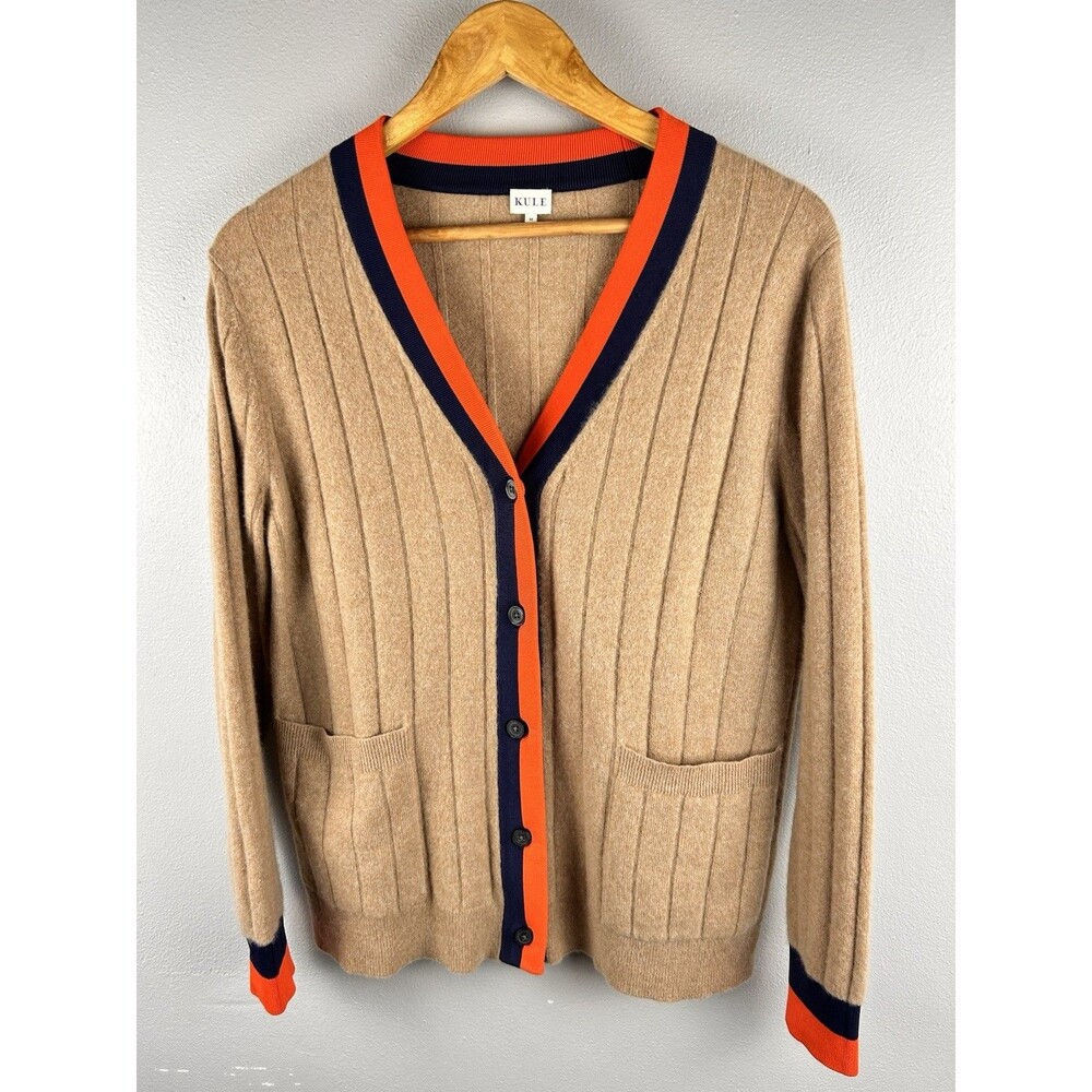 Kule The Sinclair Cashmere Cardigan Sweater Camel Navy Orange Trim Size M